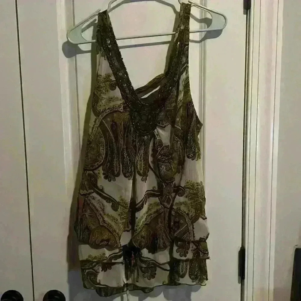 ADiva size L Brown & White Top with adjustable straps, beading and coin detail